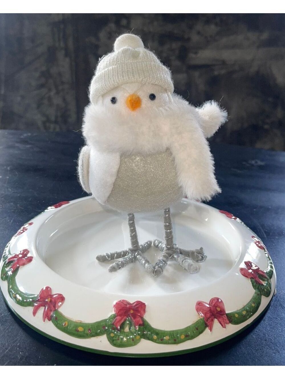 Festive White Bird Figurine with Knit Hat and Scarf-Featherly Friends